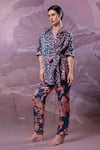 Pallavi Jaipur_Blue Silk Collared Prussian Chatterjee Pant Set _Online_at_Aza_Fashions