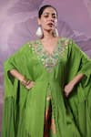 Pallavi Jaipur_Lime Silk Gota Patti, Embroidery Chakarborty Gotaphool Kaftan With Printed Pant _Online_at_Aza_Fashions