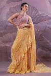 Pallavi Jaipur_Yellow Chiffon, Tussar Jhilmil Pre-draped Ruffle Saree With Ambi Rani Blouse _at_Aza_Fashions