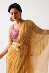 Shop_Pallavi Jaipur_Yellow Chiffon, Tussar Sequins, Gota Butter Pre-draped Saree With Phool Blouse 