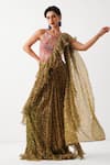 Buy_Pallavi Jaipur_Green Chiffon, Tussar Ezra Pre-draped Jhilmil Saree With Rani Ambi Blouse _at_Aza_Fashions