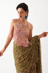 Pallavi Jaipur_Green Chiffon, Tussar Ezra Pre-draped Jhilmil Saree With Rani Ambi Blouse _Online_at_Aza_Fashions