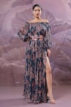 Buy_Pallavi Jaipur_Blue Chiffon Sequins Off-shoulder Eden Garden Maxi Dress With Belt _at_Aza_Fashions