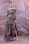 Buy_Pallavi Jaipur_Blue Chiffon Sequins Off-shoulder Eden Garden Maxi Dress With Belt _Online_at_Aza_Fashions