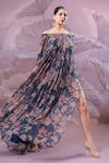 Shop_Pallavi Jaipur_Blue Chiffon Sequins Off-shoulder Eden Garden Maxi Dress With Belt _Online_at_Aza_Fashions