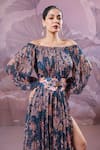 Pallavi Jaipur_Blue Chiffon Sequins Off-shoulder Eden Garden Maxi Dress With Belt _at_Aza_Fashions