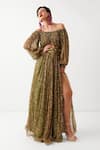Pallavi Jaipur_Green Chiffon Sequins Off-shoulder Avacado Eden Garden Dress With Belt _Online_at_Aza_Fashions