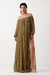 Pallavi Jaipur_Green Chiffon Sequins Off-shoulder Avacado Eden Garden Dress With Belt _at_Aza_Fashions