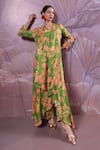 Pallavi Jaipur_Green Silk Tassels, Mirrors V-neck Ballygunge Avacado Tunic With Pant _at_Aza_Fashions