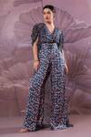 Buy_Pallavi Jaipur_Blue Silk, Chiffon Sequins V-neck, Telegraph Prussian Jumpsuit With Jacket _at_Aza_Fashions