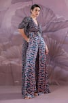 Pallavi Jaipur_Blue Silk, Chiffon Sequins V-neck, Telegraph Prussian Jumpsuit With Jacket _Online_at_Aza_Fashions