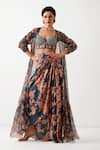 Buy_Pallavi Jaipur_Navy Chanderi, Silk Sequins, Embroidery Open Prussian Blue Teriza Skirt Set _at_Aza_Fashions
