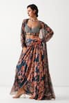 Pallavi Jaipur_Navy Chanderi, Silk Sequins, Embroidery Open Prussian Blue Teriza Skirt Set _Online_at_Aza_Fashions