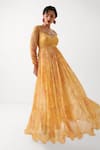 Buy_Pallavi Jaipur_Yellow Chiffon, Silk Zari, Sequins, Tassels Kasundi Printed Anarkali Pant Set _Online_at_Aza_Fashions