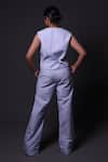 Shop_Thetaa_Blue Linen, Shantoon V-neck Stripe Pattern Waistcoat And Pant Set _at_Aza_Fashions