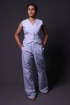 Buy_Thetaa_Blue Linen, Shantoon V-neck Stripe Pattern Waistcoat And Pant Set _at_Aza_Fashions