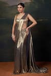 Buy_Thetaa_Gold Polyester, Shantoon Embroidery, Sequins Hand Blouse With Pre-draped Saree _Online_at_Aza_Fashions