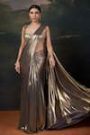 Thetaa_Gold Polyester, Shantoon Embroidery, Sequins Hand Blouse With Pre-draped Saree _at_Aza_Fashions
