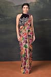 Buy_Thetaa_Multi Color Silk, Velvet, Shantoon Embroidery Blouse With Pre-draped Saree _at_Aza_Fashions