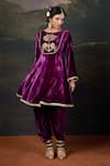 Thetaa_Purple Velvet, Shantoon, Organza Hand-embroidered Kalidar Anarkali Set _Online_at_Aza_Fashions