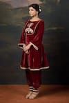 Thetaa_Red Velvet, Organza Embroidery, Zari Hand-embroidered Kalidar Anarkali Set _Online_at_Aza_Fashions