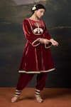 Shop_Thetaa_Red Velvet, Organza Embroidery, Zari Hand-embroidered Kalidar Anarkali Set _Online_at_Aza_Fashions