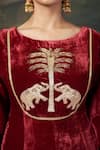 Shop_Thetaa_Red Velvet, Organza Embroidery, Zari Hand-embroidered Kalidar Anarkali Set 