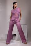 Yoseba_Purple Organza, Modal, Satin Embroidery V-neck Sheer Top With Trouser _Online_at_Aza_Fashions