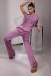 Buy_Yoseba_Purple Organza, Modal, Satin Embroidery V-neck Sheer Top With Trouser _Online_at_Aza_Fashions