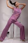 Shop_Yoseba_Purple Organza, Modal, Satin Embroidery V-neck Sheer Top With Trouser _Online_at_Aza_Fashions