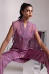 Yoseba_Purple Organza, Modal, Satin Embroidery V-neck Sheer Top With Trouser _at_Aza_Fashions
