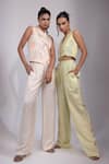 Buy_Yoseba_Mint Linen, Satin Pearls, Sequins, Beads, Green Hand Lace Up Top And Pant Set _Online_at_Aza_Fashions