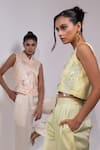 Shop_Yoseba_Mint Linen, Satin Pearls, Sequins, Beads, Green Hand Lace Up Top And Pant Set _Online_at_Aza_Fashions