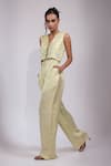 Yoseba_Mint Linen, Satin Pearls, Sequins, Beads, Green Hand Lace Up Top And Pant Set _at_Aza_Fashions