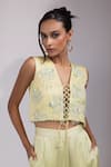 Buy_Yoseba_Mint Linen, Satin Pearls, Sequins, Beads, Green Hand Lace Up Top And Pant Set 