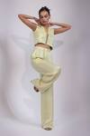 Shop_Yoseba_Mint Linen, Satin Pearls, Sequins, Beads, Green Hand Lace Up Top And Pant Set 