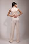 Yoseba_Ivory Linen, Satin Sequins Collared Embellished Sleeveless Top And Pant Set _Online_at_Aza_Fashions