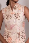 Yoseba_Ivory Linen, Satin Sequins Collared Embellished Sleeveless Top And Pant Set _at_Aza_Fashions