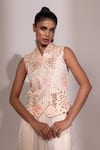 Shop_Yoseba_Ivory Linen, Satin Sequins Collared Embellished Sleeveless Top And Pant Set 