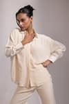 Yoseba_Ivory Crepe Beads, Tassels Collared Kaddana Shirt And Pant Set _at_Aza_Fashions
