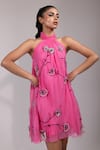 Yoseba_Pink Organza Applique, Embroidery Halter Neck Floral Dress _at_Aza_Fashions