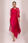 Buy_Yoseba_Fuchsia Modal, Satin, Organza Embroidery One Shoulder, Gown With Sheer Overlay _at_Aza_Fashions