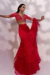 Shop_Yoseba_Fuchsia Organza, Chiffon Ruffles, Embroidery, Zari Pre-draped Saree With Blouse 
