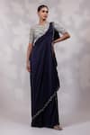 Buy_Yoseba_Navy Crepe Embroidery Round Neck Border Pre-draped Saree With Blouse _at_Aza_Fashions