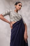 Yoseba_Navy Crepe Embroidery Round Neck Border Pre-draped Saree With Blouse _Online_at_Aza_Fashions