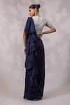 Shop_Yoseba_Navy Crepe Embroidery Round Neck Border Pre-draped Saree With Blouse _at_Aza_Fashions