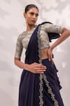 Buy_Yoseba_Navy Crepe Embroidery Round Neck Border Pre-draped Saree With Blouse _Online_at_Aza_Fashions