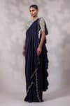 Shop_Yoseba_Navy Crepe Embroidery Round Neck Border Pre-draped Saree With Blouse _Online_at_Aza_Fashions