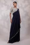 Yoseba_Navy Crepe Embroidery Round Neck Border Pre-draped Saree With Blouse _at_Aza_Fashions