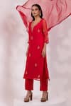 Buy_Yoseba_Red Organza Embroidery, Zari V-neck Kurta Set _Online_at_Aza_Fashions